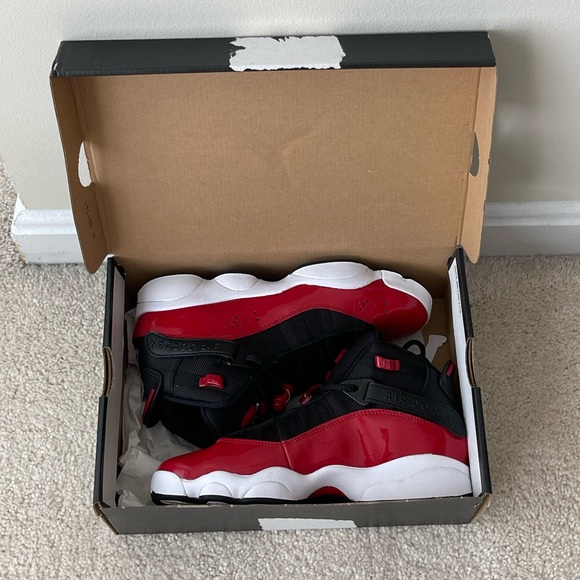 SOLD 😃 NEW AUTHENTIC AIR JORDAN Red Patent & BlK Mid-Top Sneakers - Picture 11 of 13